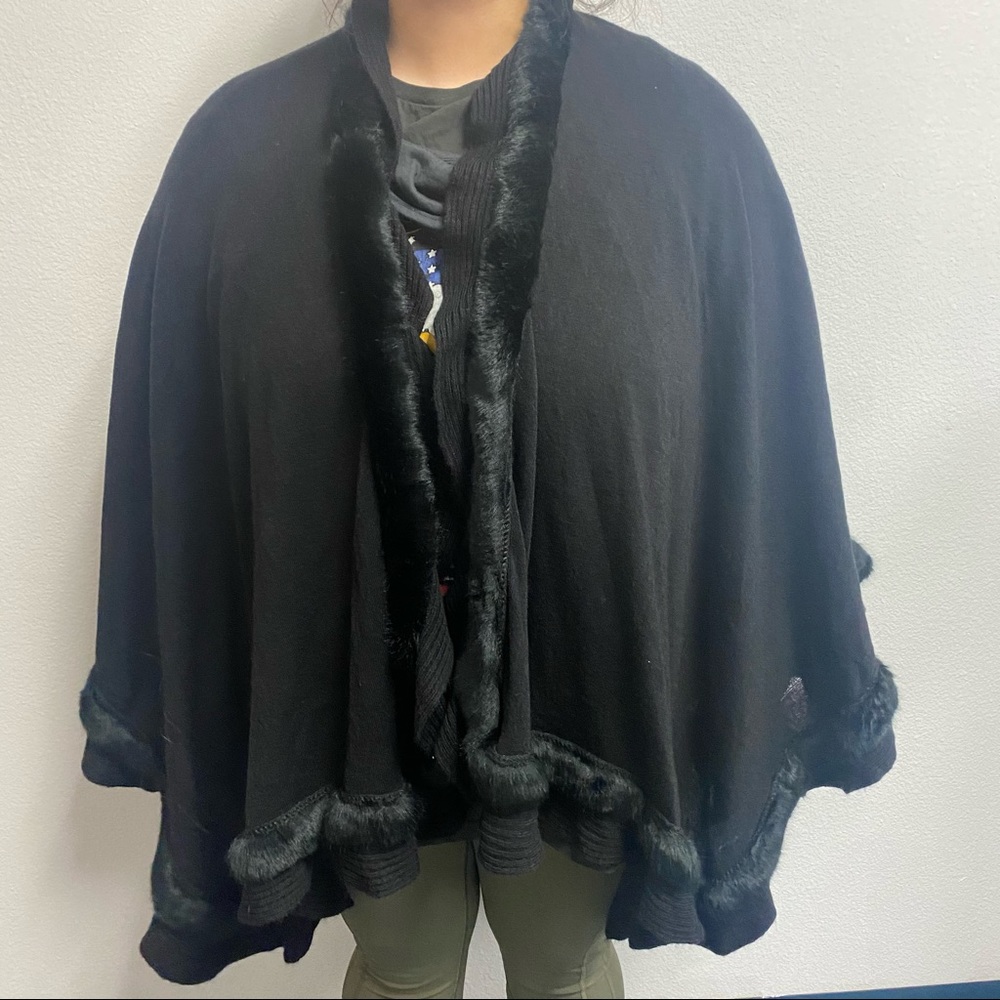 Black Rivet Poncho with Faux Fur—brand new!